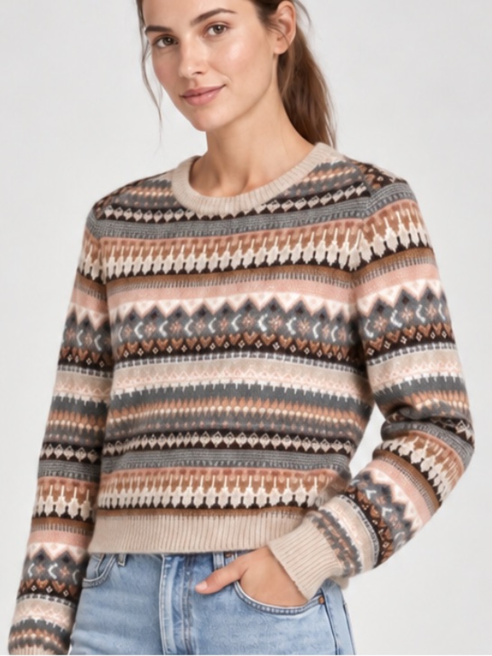 J. Crew Fair Isle Crewneck Sweater in Cream, Brown, Grey